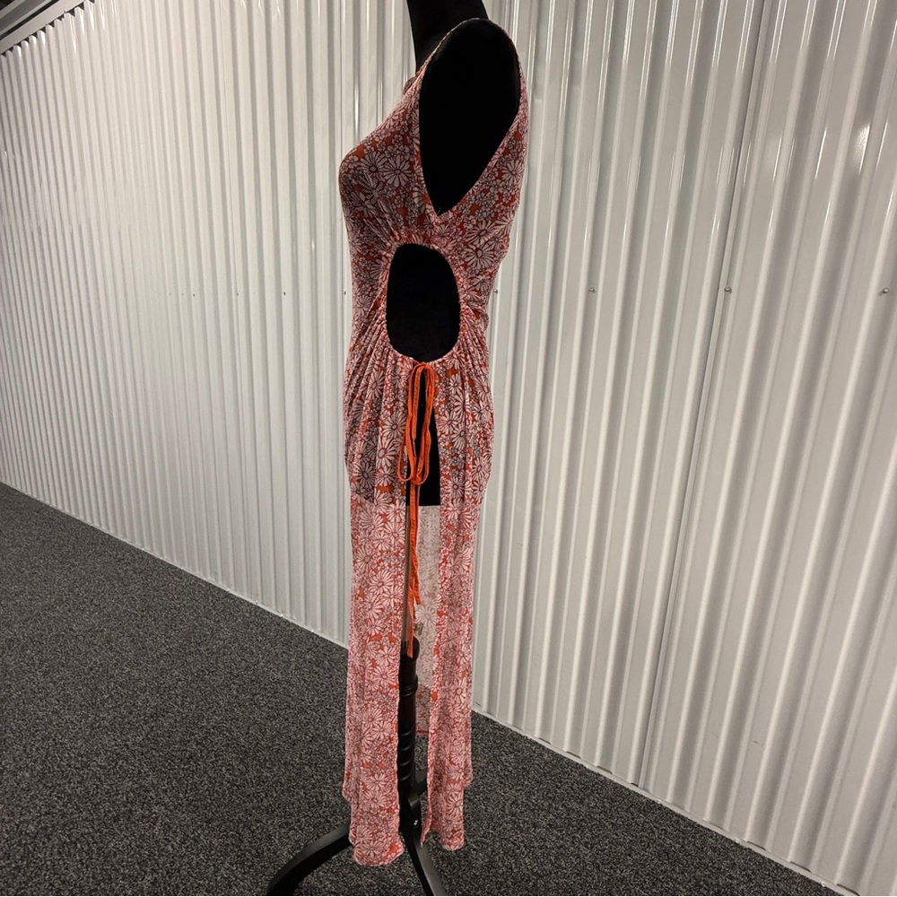 Forever 21 Women’s Orange Floral Sheer Mesh Maxi Sleeveless Dress Size Large - Picture 3 of 6